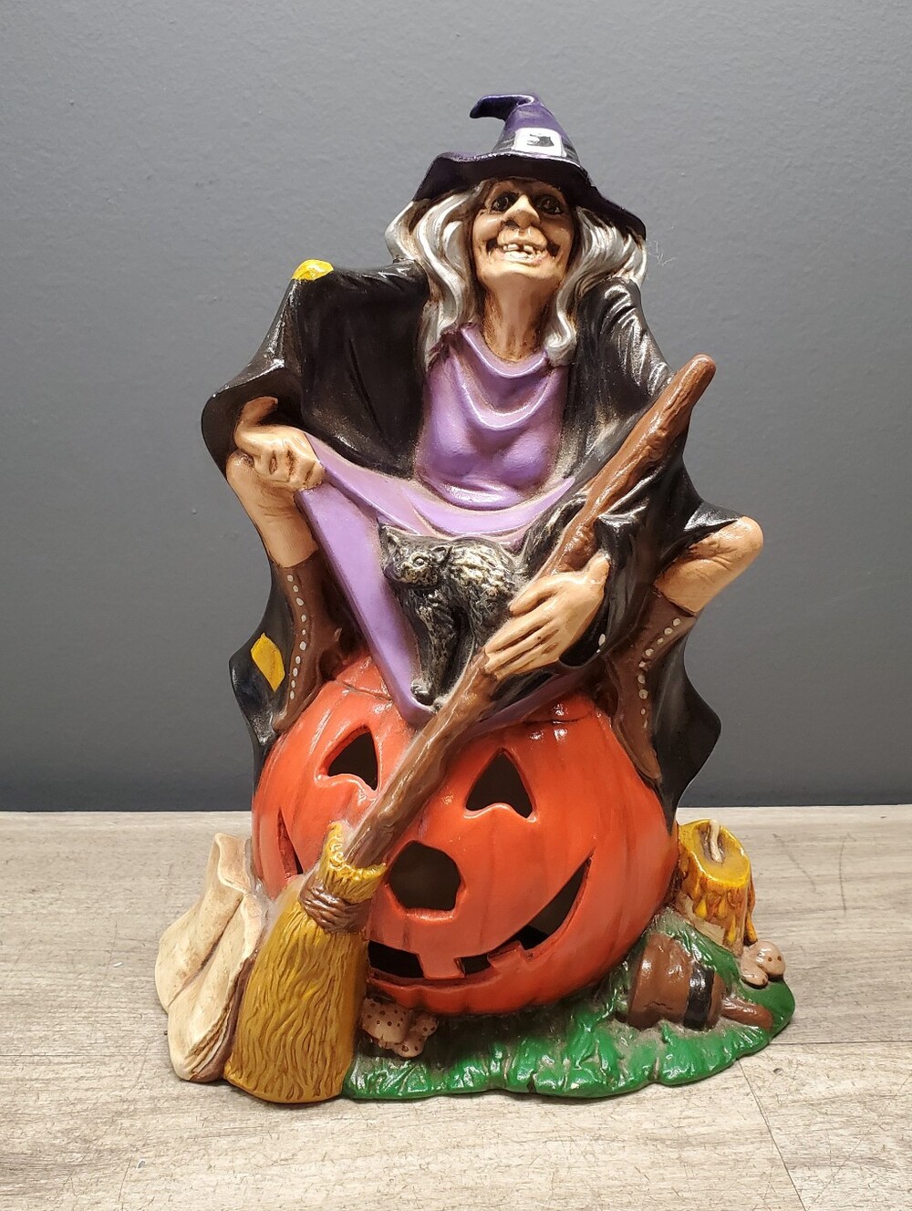 Vintage Byron Mold Hand Painted Witch on Jack-O-Lantern